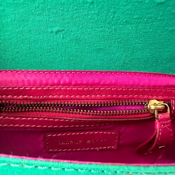 Nanette Lepore Clutch Green Fuchsia Pink Leather Leaves Stitched (Never Worn) - Picture 5 of 8